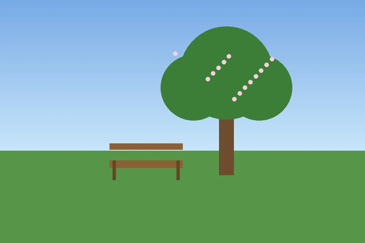 A drawing of a wooden bench beside a tree in blossom.
