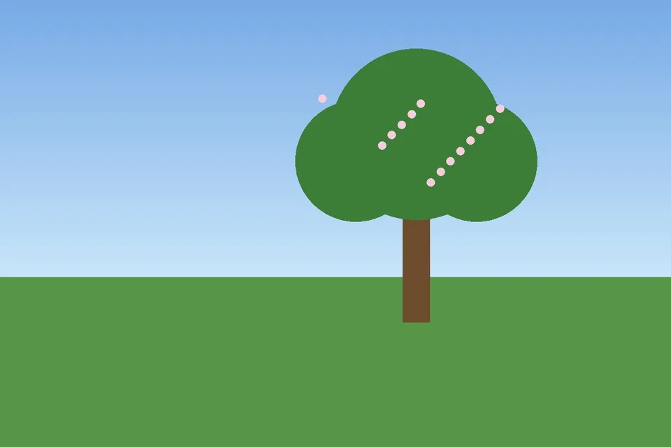 A drawing of a tree in blossom, standing on a green lawn under a blue sky.